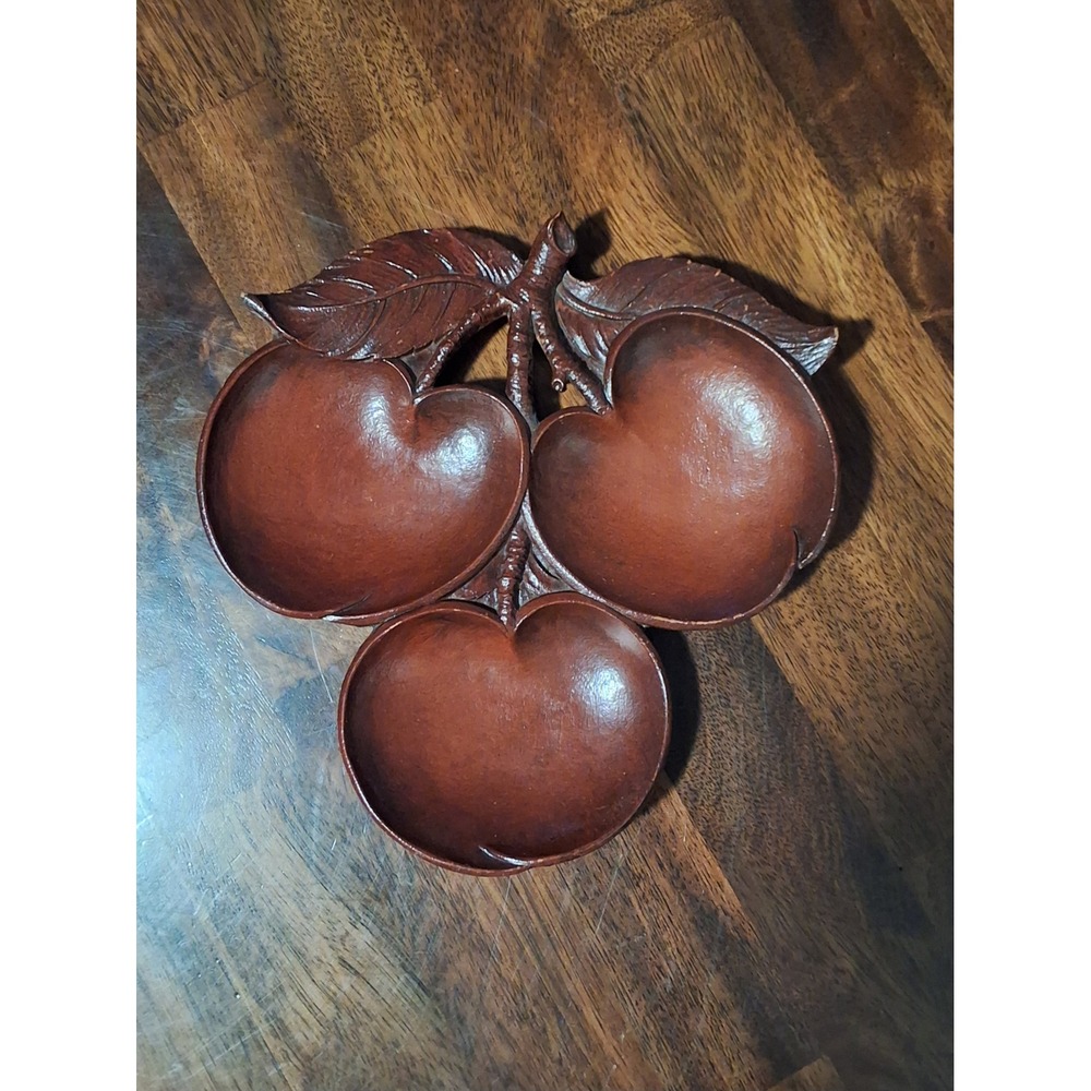 Vintage SyrocoWood Apple Nut Candy Dish 3 Section Serving Tray Brown Made in USA